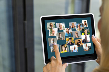 Fototapeta na wymiar Virtual video conference, Work from home, Brainstorm planing teamwork, business team making video call by web, Group of team online telecommunication meeting by digital tablet