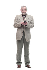 elderly businessman with a smartphone. isolated on a white