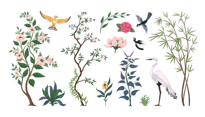 Chinoiserie birds and plants. Traditional Japanese art with leaves and heron. Botanical elements. Bamboo and flowers. Peony or sakura. Exotic flying animals. Vector Chinese illustration