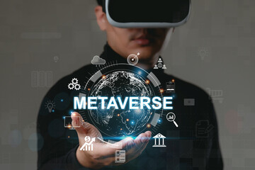 Man wearing VR glasses shows the future world of the metaverse, Global Business, Digital marketing, Metaverse, Digital link tech, future technology. Metaverse world virtual reality technology concept.