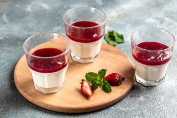 Italian dessert panna cotta with strawberry decorated with fresh berries. homemade dessert panna cotta. Food recipe background. space for text