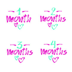 Set of childrens age markers for twins 1-4 months. Blue and pink color for boy and girl. Lettering. For label, newborn photo album, childrens photo, poster, invitation.