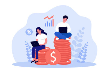 Business persons sitting on stacks of gold coins. Cartoon characters with laptops investing money flat vector illustration. Finances, success, investment concept for banner or landing web page