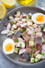 Salad with herring fillet, chopped radish, apple and chicken egg, closeup, vertical shot