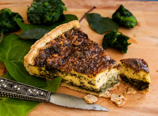 ein stück frischer spinatkuchen, griechische spanakopita 