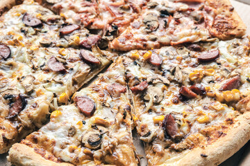 Close up, appetizing pizza slices, food background.