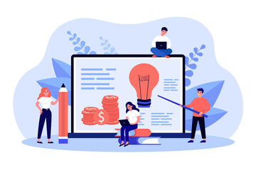 Big laptop and tiny business people studying financial literacy. Male and female persons learning about investment flat vector illustration. Finances, online education, startup concept for banner