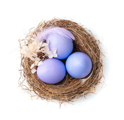 Obraz premium Three purple eggs in a nest with a feather and flowers isolated on a white background.