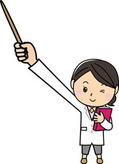 本を持って大きく指差し棒で指し示す白衣の女性