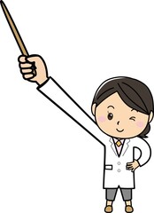 大きく指差し棒で指し示す白衣の女性
