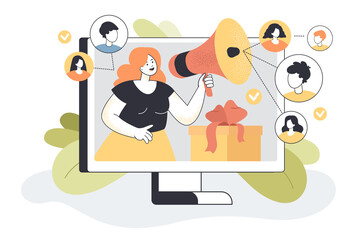 Referral interaction between customers and influencer. Sales announcement to clients by woman with megaphone inviting friends flat vector illustration. Loyalty program, digital marketing concept