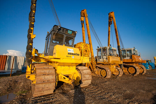 Turkestan, Kazakhstan. - April 29, 2012: Yellow Komatsu construction piling machines.