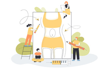 Cellulite treatment and fat reduction by tiny people. Persons preparing body of patient in bikini for liposuction beauty procedure flat vector illustration. Bariatric surgery, abdominoplasty concept