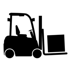 Cargo loading machine forklift truck for lifting box goods in warehouse fork lift loader freight icon black color vector illustration image flat style