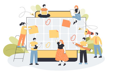 Tiny employees marking events in big appointment calendar. Busy persons planning future tasks or projects online via planner reminder app flat vector illustration. Deadline, time management concept