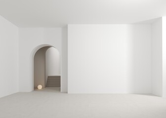 3D rendering of a white empty room with stairs, concrete polo. Mock up for furniture or product presentation