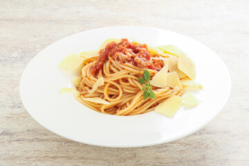 Italian pasta Spaghetti bolognese with parmesan