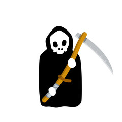 Death in a black hoodie with scythe. Dark character with scythe. Element and Halloween costume. Human skeleton and skull. Flat cartoon illustration