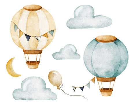 Watercolor set with hot air balloons and garland. Hand painted sky illustration with aerostate, clouds, moon and flags. Isolated on white background.
