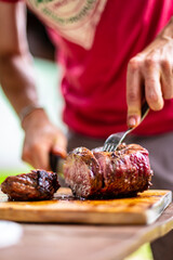 barbeque meat preparation in a summer day