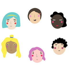 Faces of girls of different races on a white background