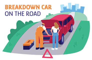 Breakdown car on the road illustration in flat vector