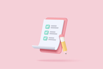 Fototapeta 3d white clipboard task management todo check list with pencil, efficient work on project plan, fast progress, level up concept, assignment and exam checklist icon. 3d vector render on pink background obraz