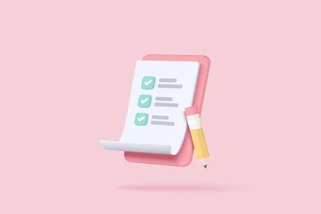Foto op Aluminium 3d white clipboard task management todo check list with pencil, efficient work on project plan, fast progress, level up concept, assignment and exam checklist icon. 3d vector render on pink background © Vector Stock Pro