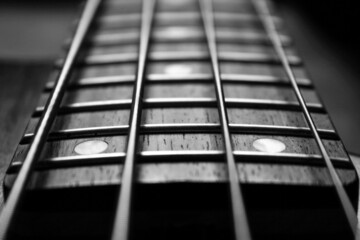 Tastiera di un basso in bianco e nero