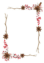 Naklejka na ściany i meble Rhombus frame for Christmas with cones, red berries, anise. Watercolor frame. Frame with wooden branches