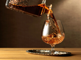 Brandy is poured into a snifter glass.