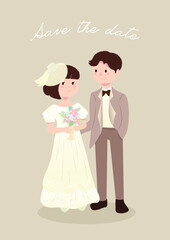 Wedding couple bride and groom cute cartoon vector illustration earth tone.