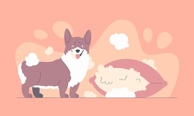 Funny Corgi flat vector illustration with feathers