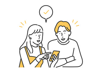 スマホで予約をとる男女のカップルのイメージイラスト素材