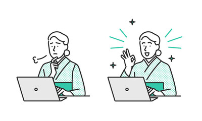 悩んでいる表情と解決した表情の宿泊業者のイメージイラスト素材