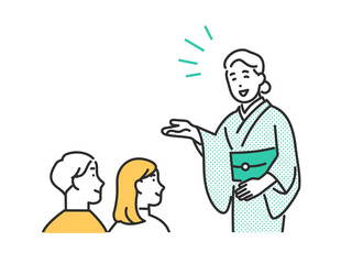 笑顔でお客様に接客をする宿泊業者のスタッフのイメージイラスト素材