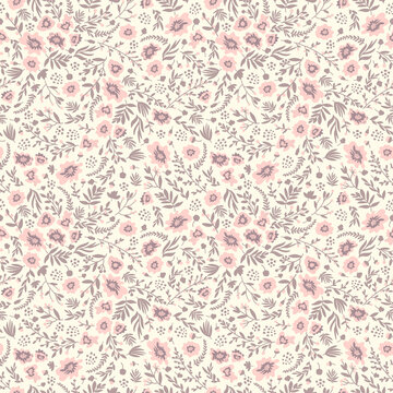 Seamless floral pattern in pink, gray purple and cream. All over abstract botanical print.