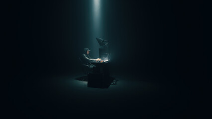 Fototapeta na wymiar Concept shot of male hacker using computer to access private data while sitting under spotlight in darkness
