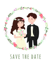 Cute groom and bride Couple cartoon style Wedding card with floral frame isolated on white background.