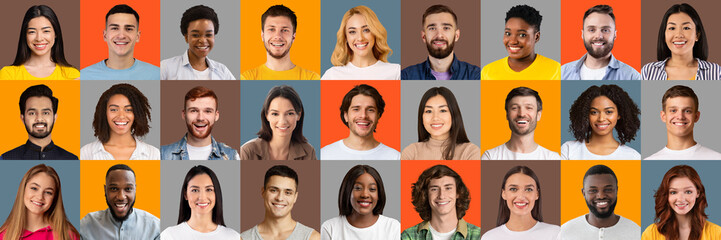 Collection of multiracial people smiling and feeling happy on colorful studio backgrounds. Human mosaic concept