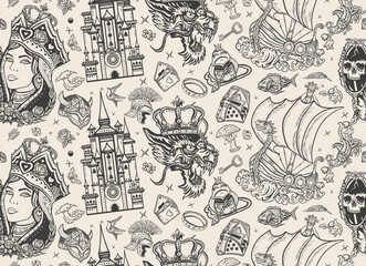 Medieval castle, queen in the golden, crown, dragon, knight, sword and princess frog. Fairy tales old school tattoo seamless pattern. Middle Ages magic legends art. Fantasy tattooing style background