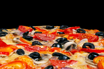 Vegetarian pizza, italian cuisine, isolated on black background