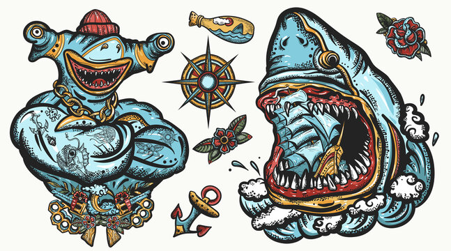 Sharks. Great white shark and drowned ship. Underwater life set. Old school tattoo collection. Strong hammerhead shark fish. Tattooing art