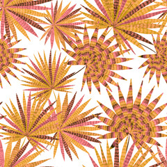 Naklejka na ściany i meble Modern abstract seamless pattern with creative colorful tropical leaves. Retro bright summer background. Jungle foliage illustration. Swimwear botanical design. Vintage exotic print. 