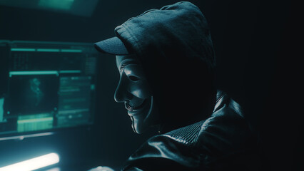 A masked hacker weared black hoodie uses a computer to stage a massive data attack on big data...