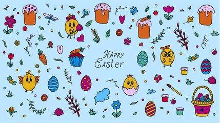 Easter traditional doodle collection - eggs, chickens, basket, Christian vector set decorating. Vector hand drawings ilustration isolated Background