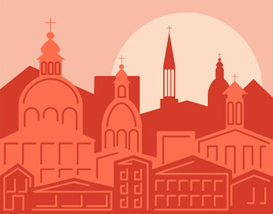 Rome is the capital of Italy. Sunset old town city cityscape. European architecture silhouette opposite the sun. Flat style