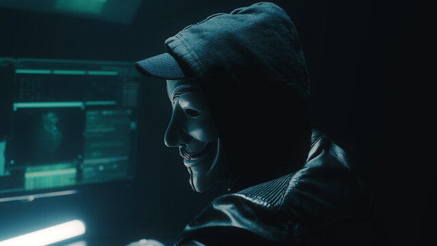 A masked hacker weared black hoodie uses a computer to stage a massive data attack on big data corporate servers, while sitting at desk in dark room and hacking database