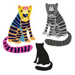 Isolated character design of a cute tiger, grey and colorful. The design is perfect for printing on paper, stickers, badges, bijouterie, cards, textiles, character design. 