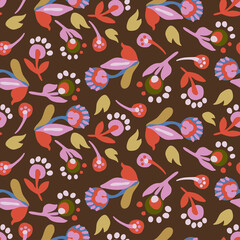 Vector seamless colorful pattern design of abstract stylised flowers in warm red tones